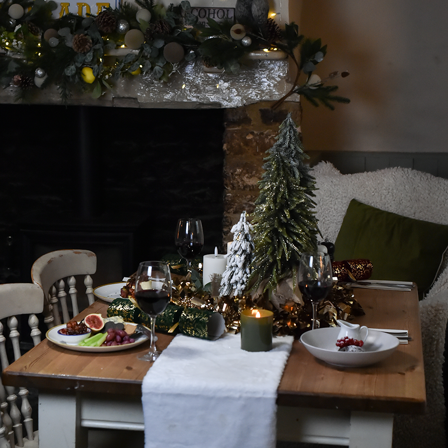 A table set with Christmas dinner